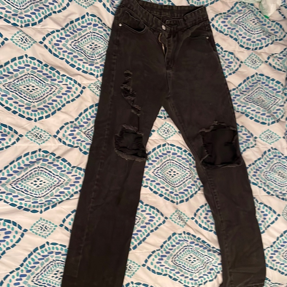 high rise black ripped jeans